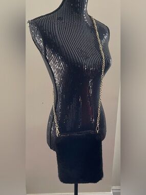 Black Faux Fur Crossbody Bag with Gold Chain Strap